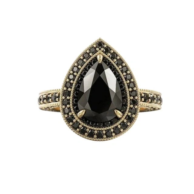Bague halo double diamant noir en forme de poire de 3 ct en or jaune 10 carats par GemoneDiamonds — Anneaux empilables