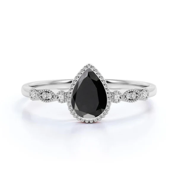 2.5 Ct Pear Cut Diamond Bezel Setting Black Diamond Rings - 10K Yellow Gold — Stackable Rings