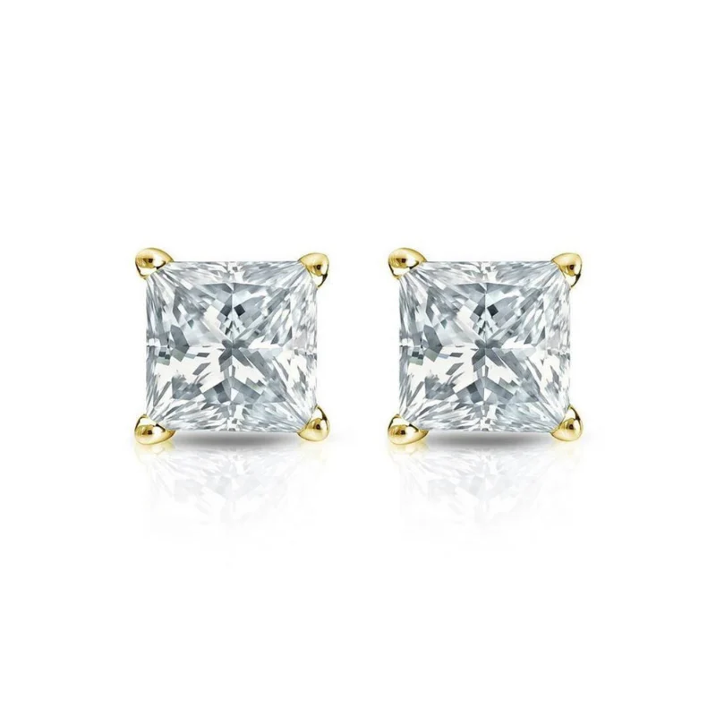 2 Carat Princess Cut Prong Set Diamond Stud Earrings - 10K Yellow Gold / Lab Diamond — Stud Earrings